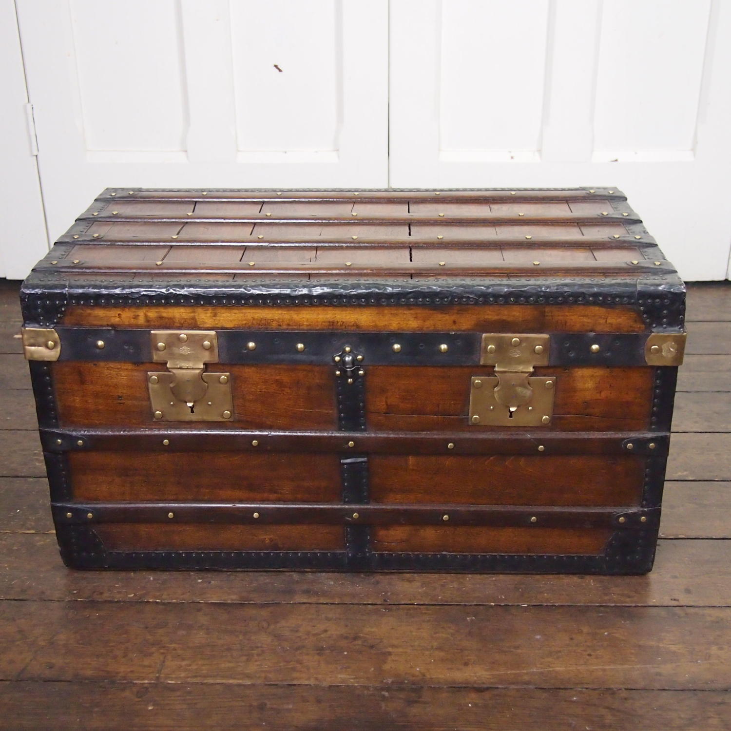 French Storage Trunk Wood & Metal Banded