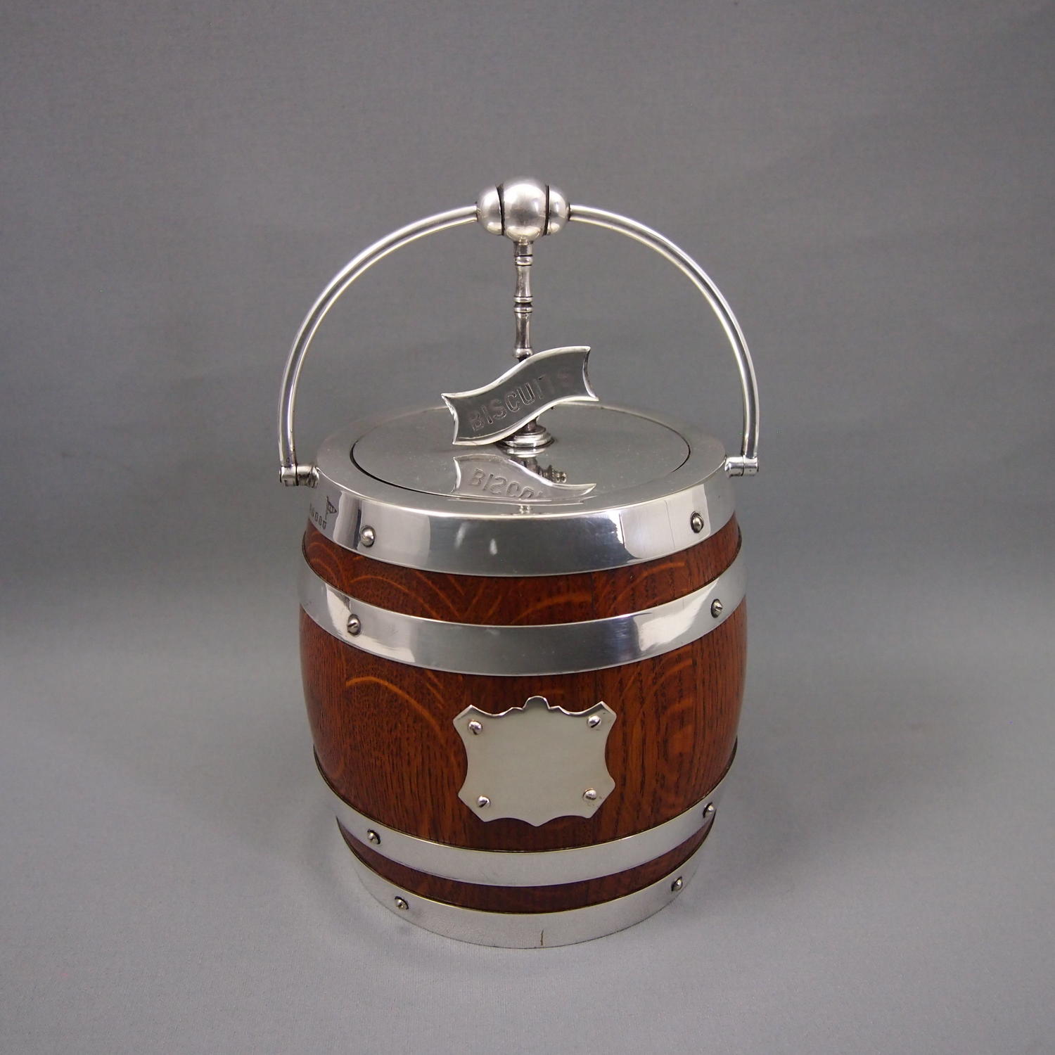 Oak and Silver Plated  Flip Top Antique Biscuit Barrel