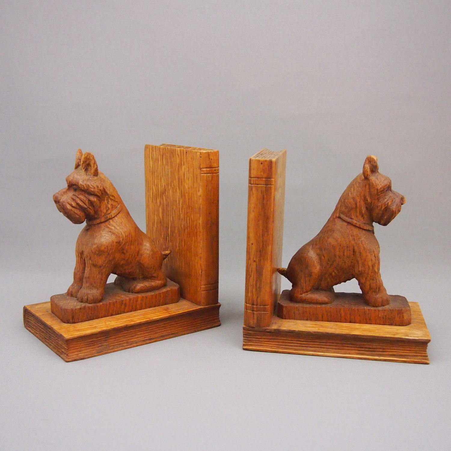Pair of Oak Carved Terrier Dog Vintage Bookends