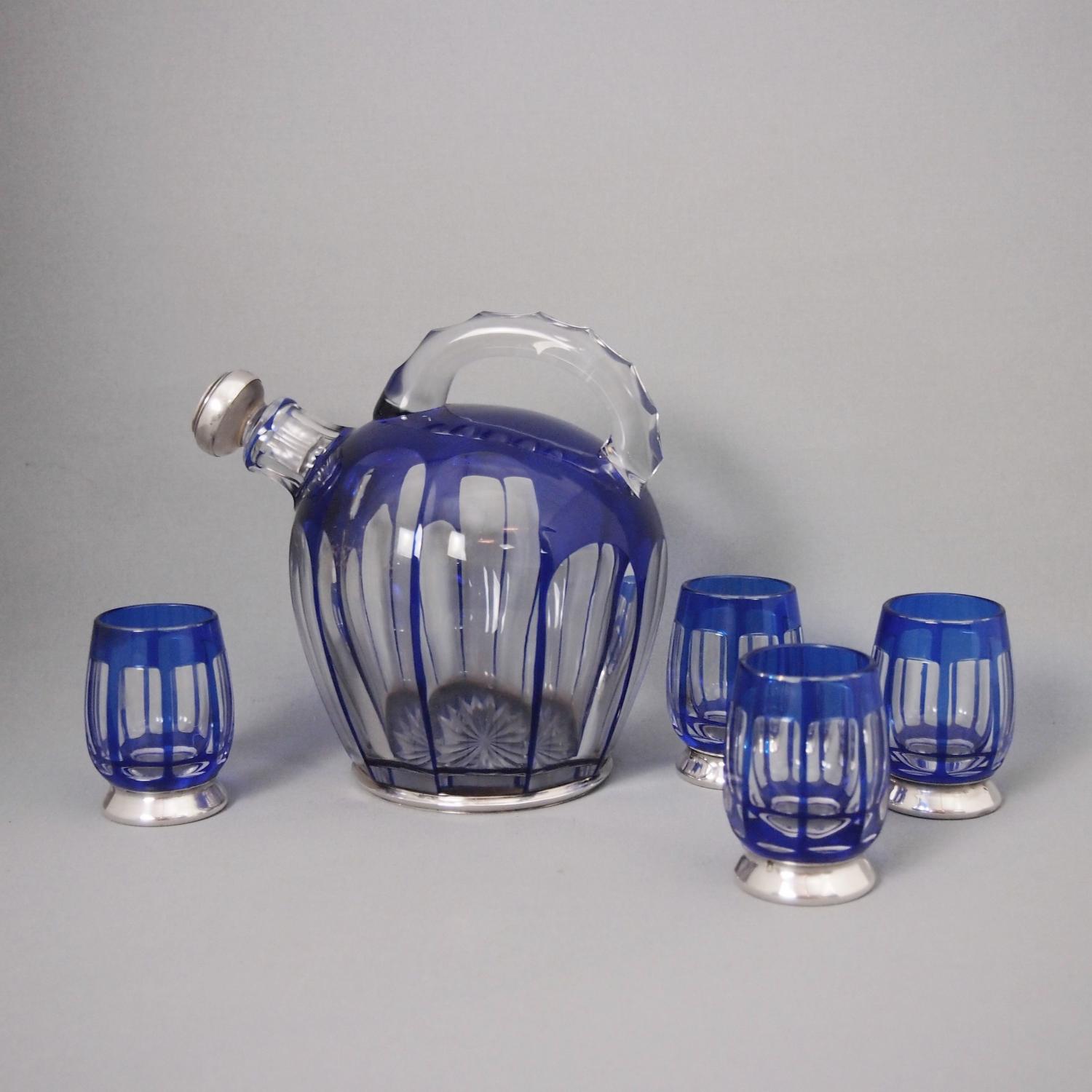 Rare French Vintage Silver & Cobalt Blue Glass Decanter Set