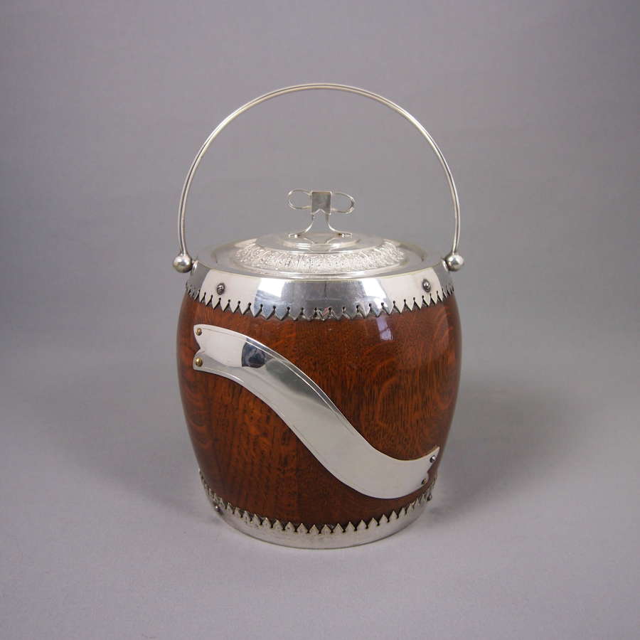 Oak & Silver Plated Bow Topped Vintage Biscuit Barrel. W8488