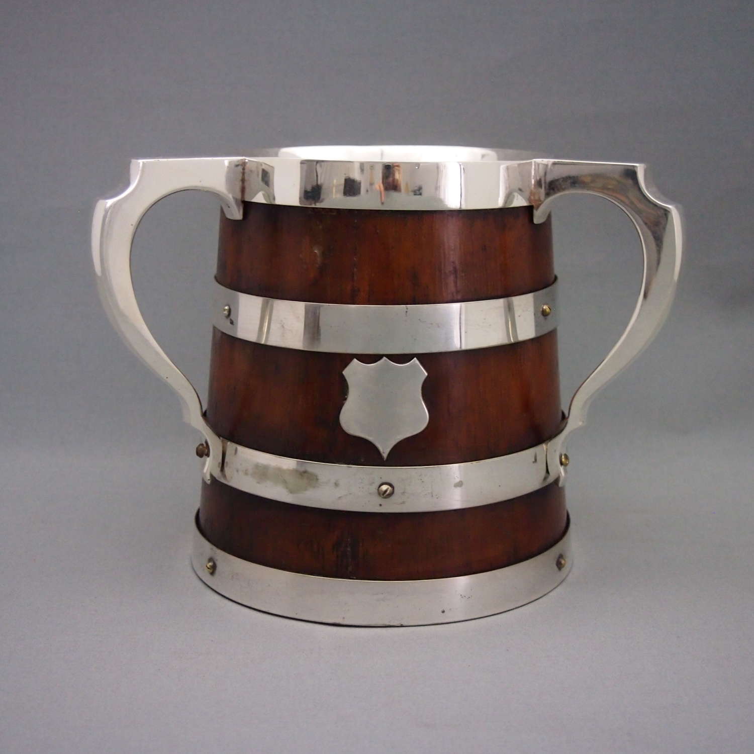 Silver Plate & Oak Three Handled Cup or Tygg W8577.