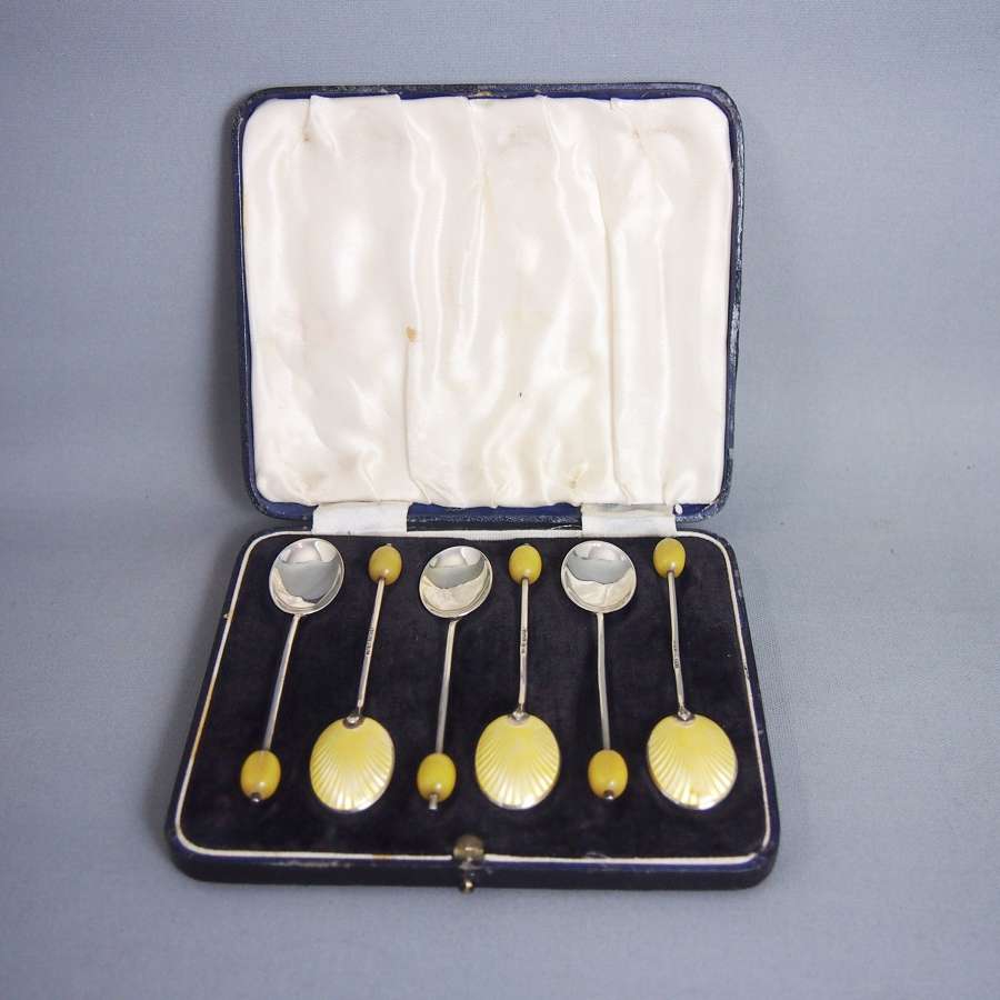 Vintage Set of Six Silver Enamel Spoons in a Box. W8601