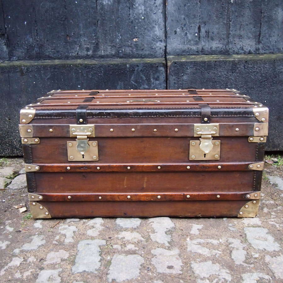 Antique French Trunk Wood banded Canvas with Brass fittings.W8619