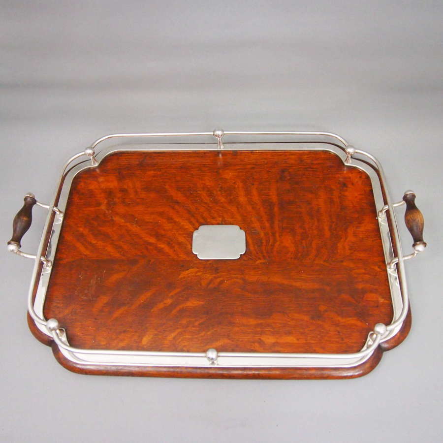 Antique oblong oak and silver plate ships style gallery tray.W8626