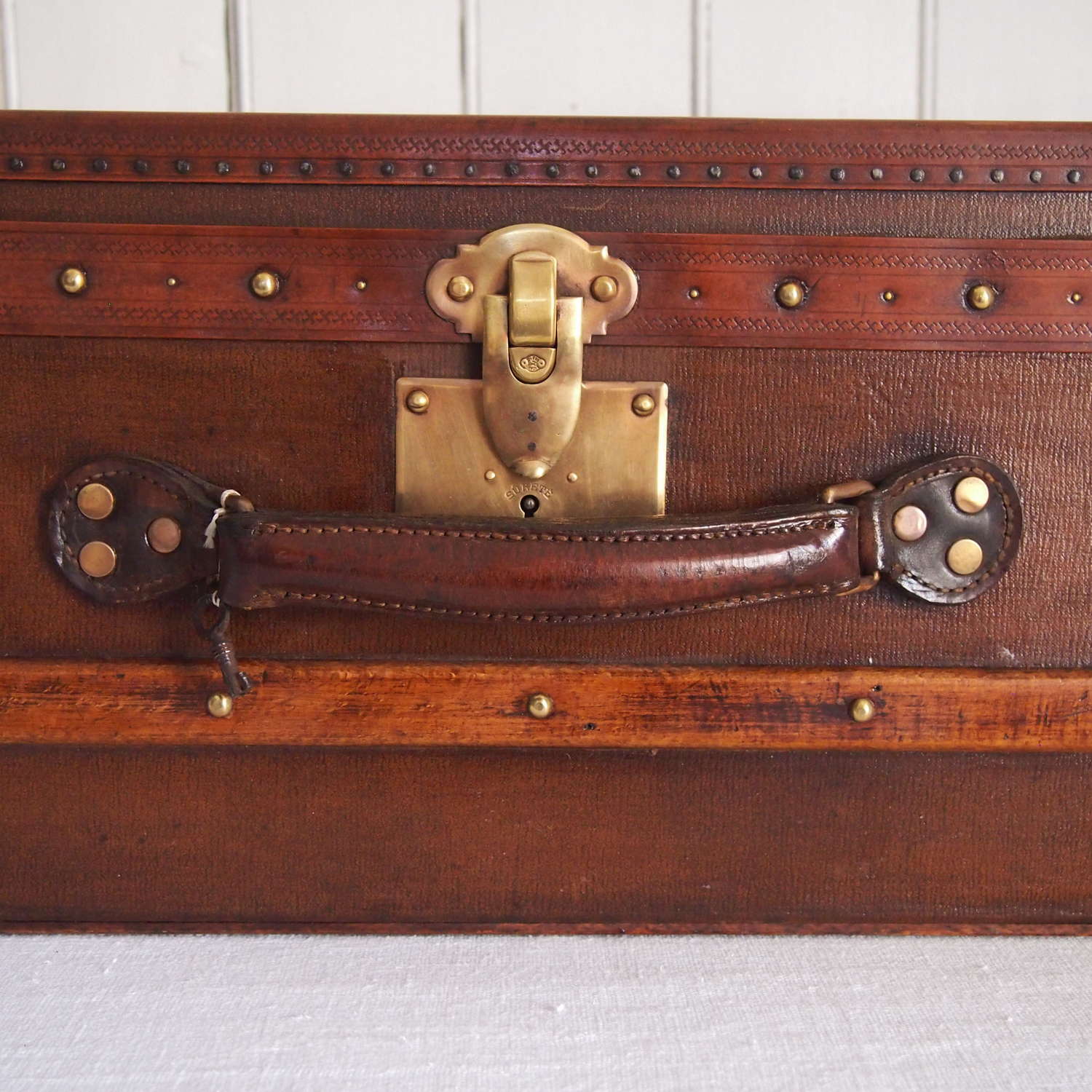Antique French Wood banded Small trunk Case with Brass fittings C1880.