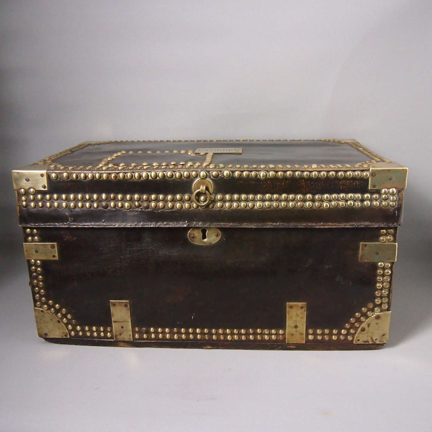 Antique Victorian Black Brown Leather Studded Travel Trunk.W8642