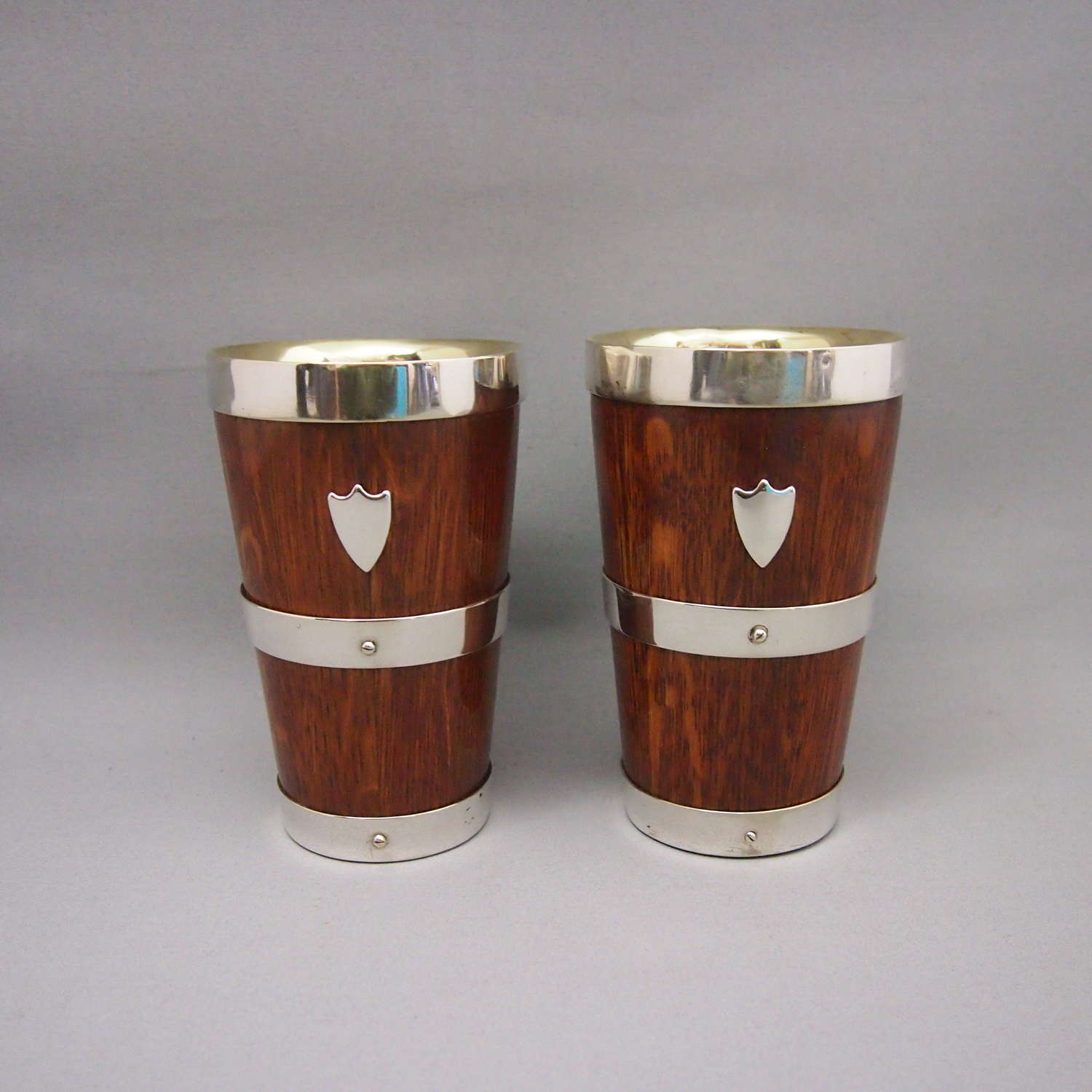 Pair of Antique Oak & Silver Plated beakers W8645