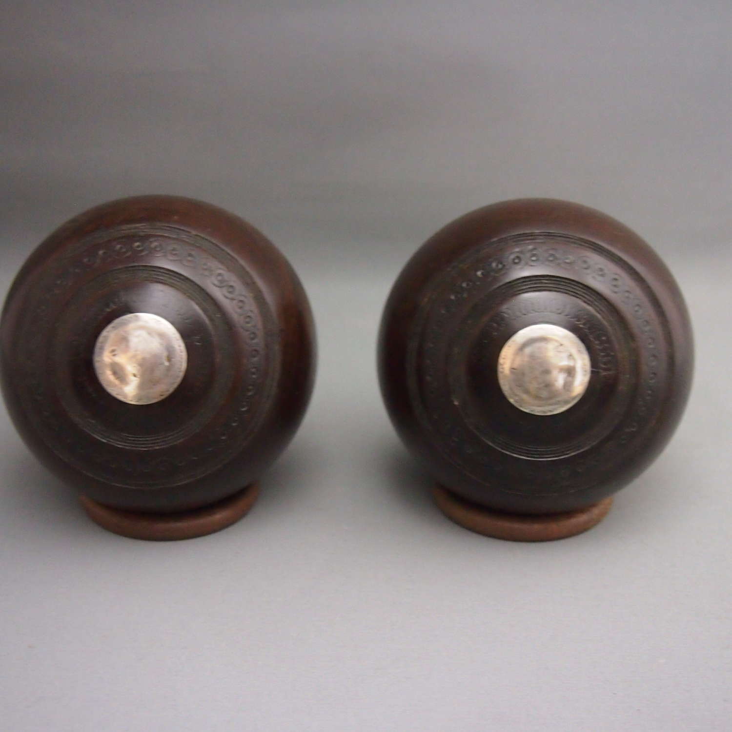 Pair of Antique Wood Bowling Balls, Silver Engraved Initials.W8657