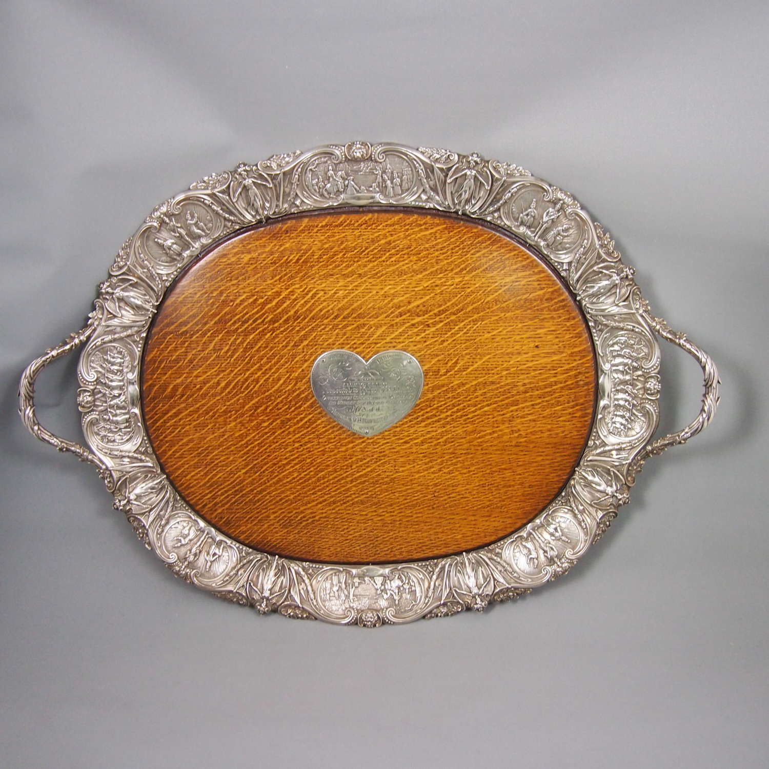 Large Antique Oak & Silver Plated Militaty Decorated Tray . W8639