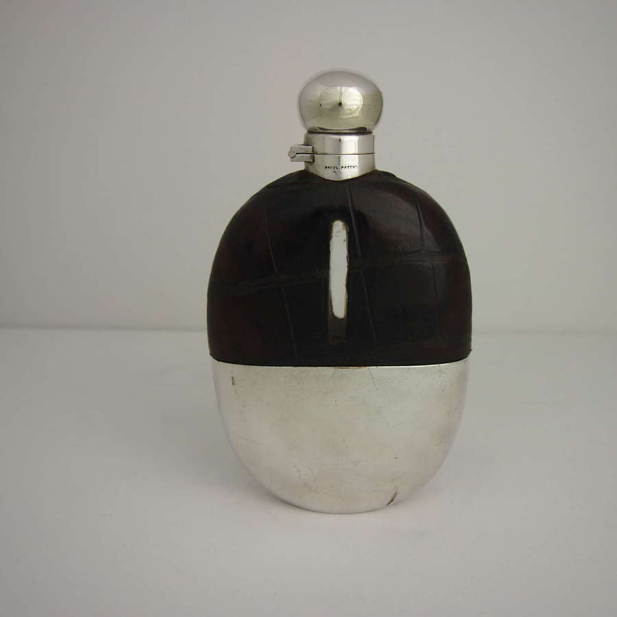 Antique  Oval silver Plate & Croc Leather Drinking Flask., W8699.