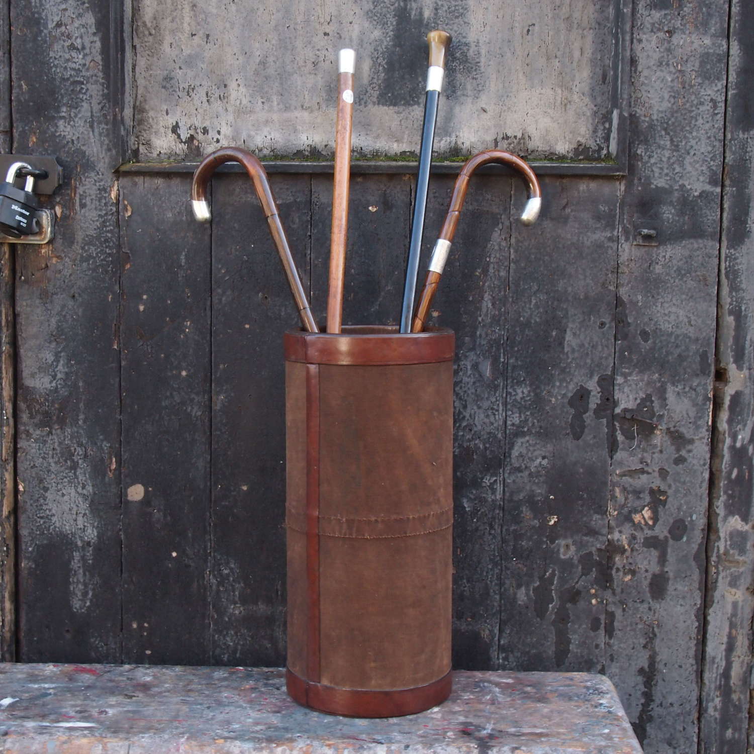Vintage Leather & Canvas Umbrella/ Walking Stick Stand. W8704